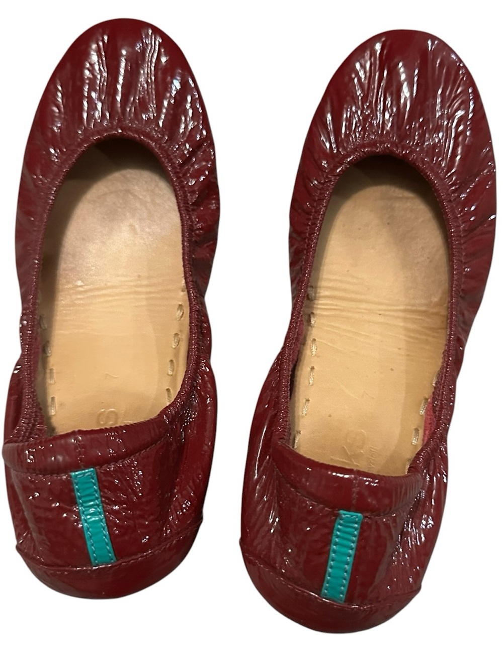 Tieks Women's Burgundy Patent Leather Ballet Flats with Teal Tab size 7 - Picture 4 of 7